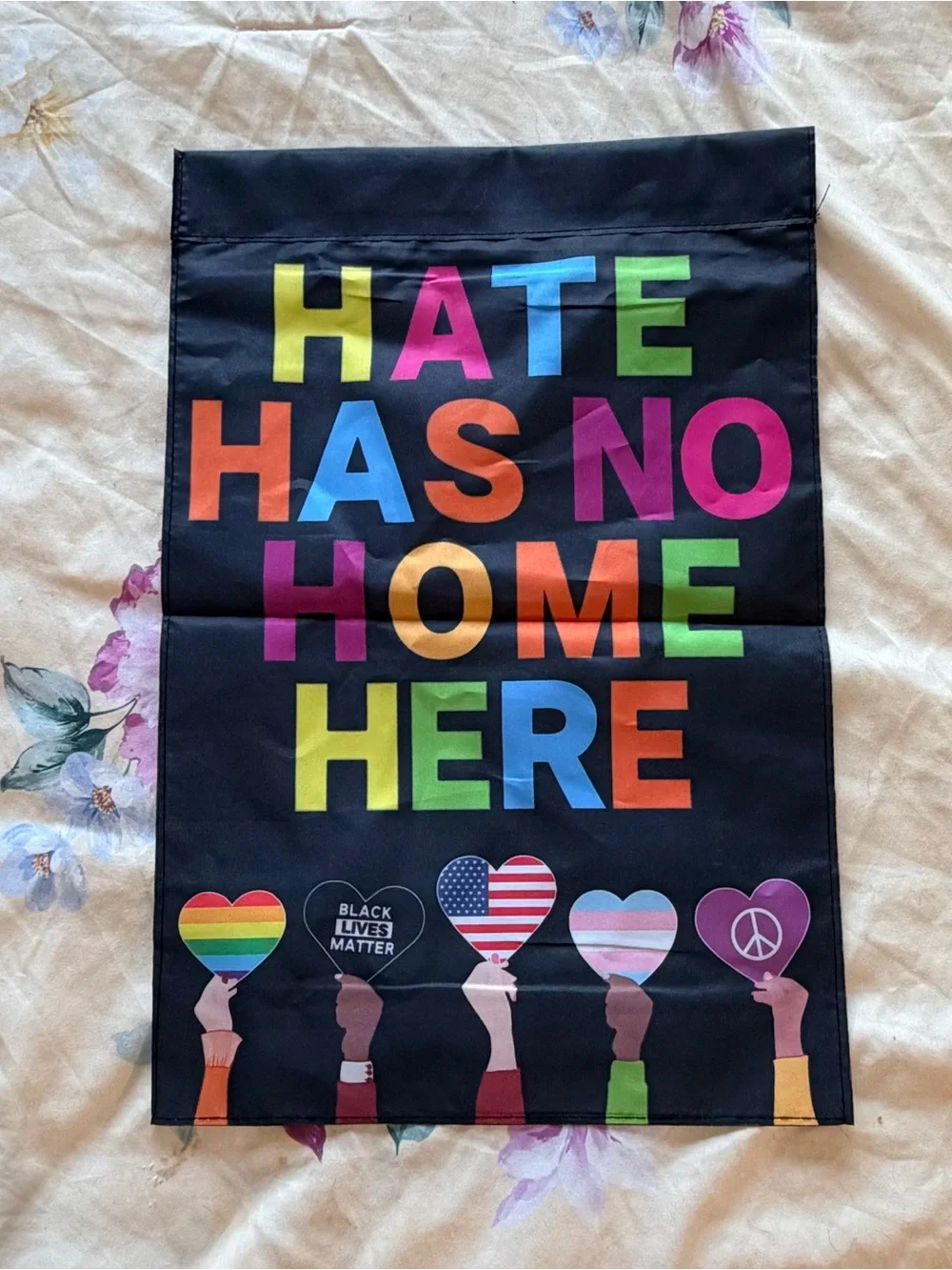 Black 'Hate Has No Home Here' Decorative Garden Flag - Multicolor